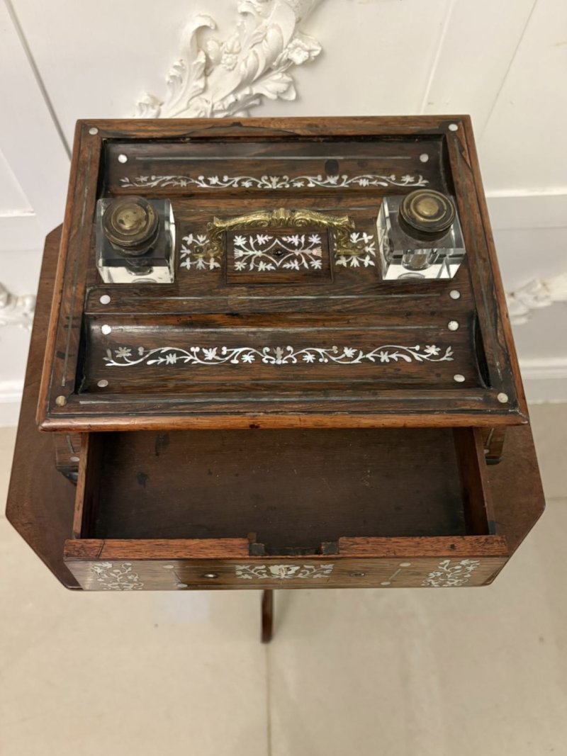 Antique Regency Rosewood Inlaid Writing Desk Set with Inkwells